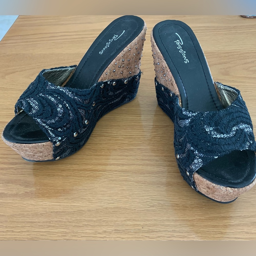 Passions Black/Silver material sandals with 4 1/2” wedge cork with silver studs